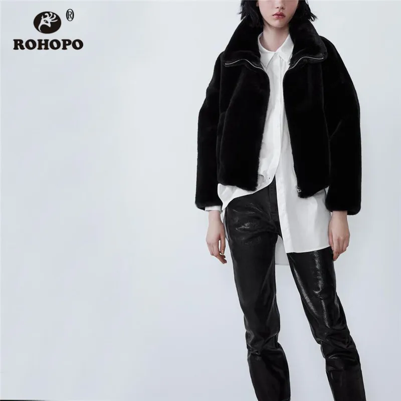 ROHOPO зимняя черная Базовая куртка из искусственного меха пальто с большим