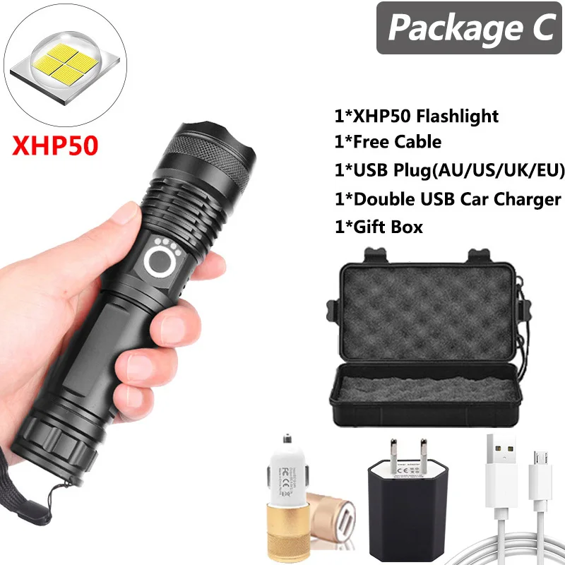 Супер мощный Xlamp XHP70.2 XHP90 светодиодный фонарь USB XHP50 лампа Zoom тактический фонарь 18650 26650 перезаряжаемый аккумулятор - Испускаемый цвет: Package C-XHP50
