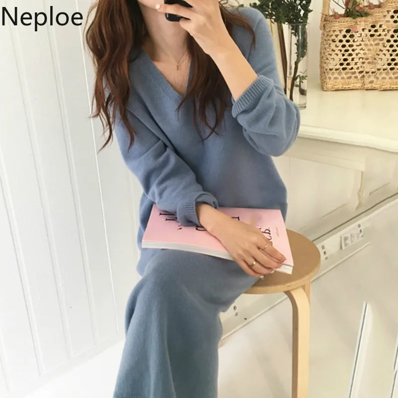 

Neploe 2019 Autumn Winter Women Knitted Dress Long Sleeve V Neck Korean Sweater Dresses Mid-calf Vestidos Women Clothes 54122