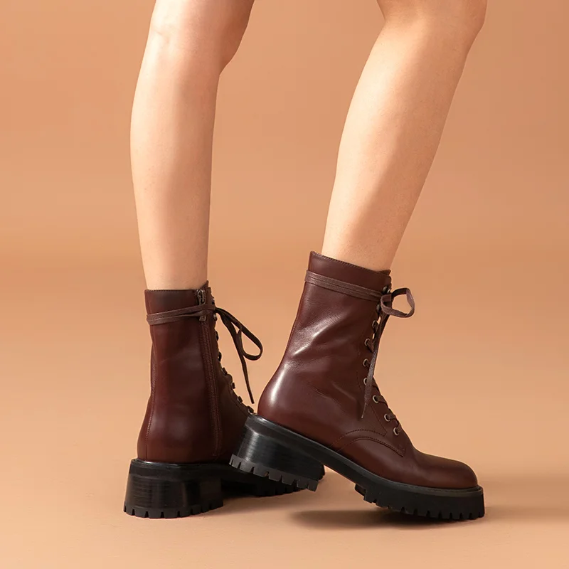 BeauToday Botas de moto de piel de becerro para mujer, zapatos de  plataforma con cordones y cremallera, punta redonda, hasta el tobillo,  hechos a mano, 02346|Botas hasta el tobillo| - AliExpress