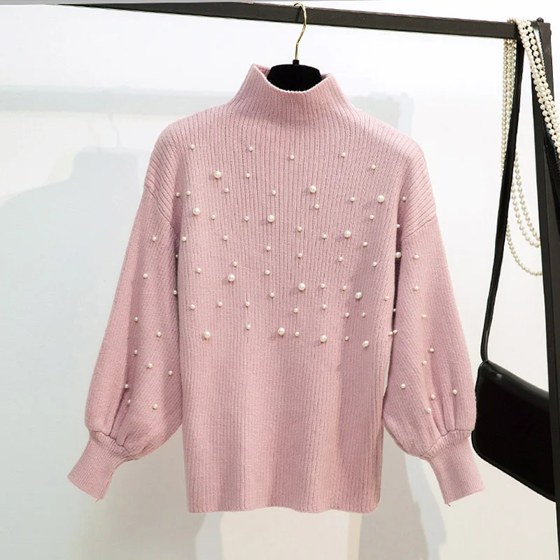 Осенне-зимние женские вязаные свитера с бусинами и длинным рукавом, толстые пуловеры, женский свитер, украшенный бусинами, женские топы - Цвет: Розовый