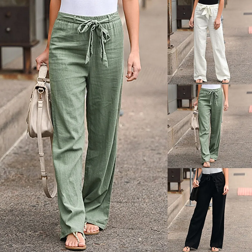 Cheap Women Spring Solid Loose Long Pants Straight Trousers Linen Cotton  Pants Elastic Waist Casual