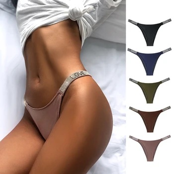 

New Low Waist Diamonds Thong Sexy T-Back Women's Thongs Rhinestone G-string Letters Shorts Panties Fitness Triangle
