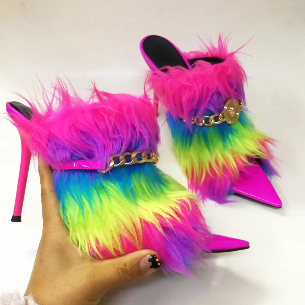 rainbow fur sandals