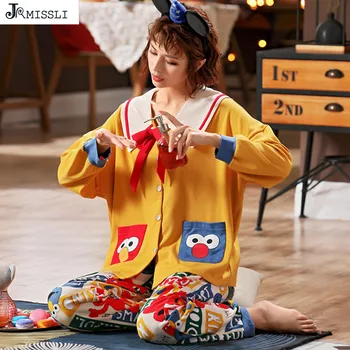 

JRMISSLI Women Pajamas Set Autumn Sleepwear Cute Pyjamas Loose Pajama For Women Cotton Cartoons Homewear Plus Size