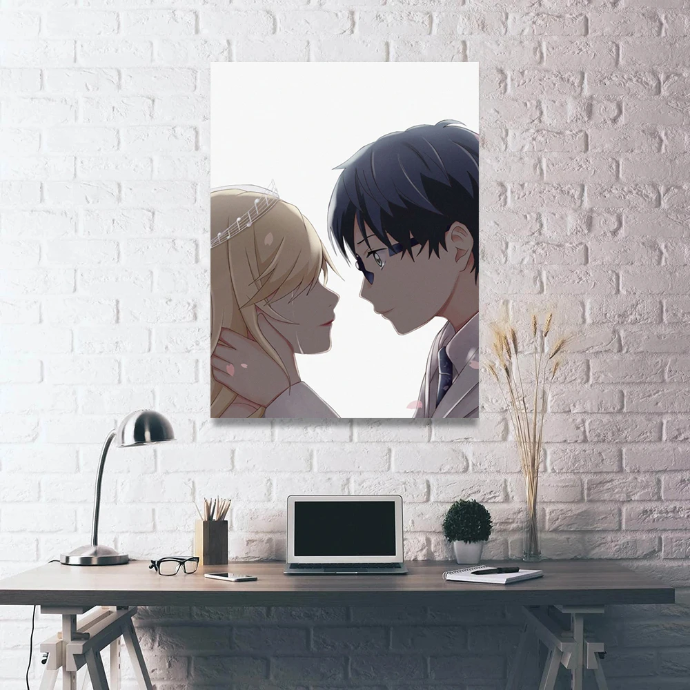 Cartaz da lona japão anime casal pintura beijo amarelo arte da parede  bonito impressões modulares imagem