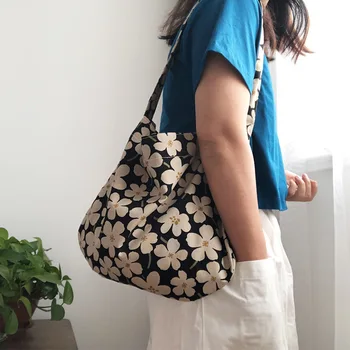 

Simple Flowers Women Eco Reusable Shopping Bags Vintage Flax Ladies Beach Shoulder Bag Fashion Design Girls Handbags Casual Tote