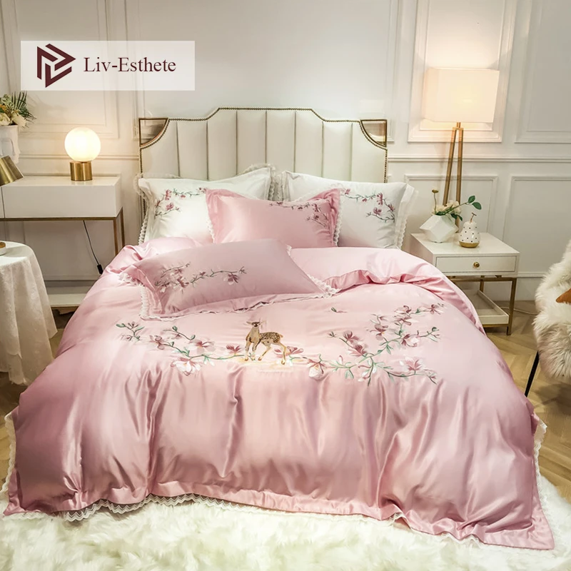 

Liv-Esthete Luxury Embroidery Flowers Deer Bedding Set Silky Egyptian Cotton Duvet Cover Set Pillowcases Queen King Bed Linen
