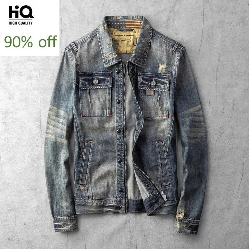 

Casual Spring Autumn Slim Fit Mens Denim Jackets Vintage Moto Biker Hole Ripped Single Breasted Pockets Male Coats Plus Size 4XL