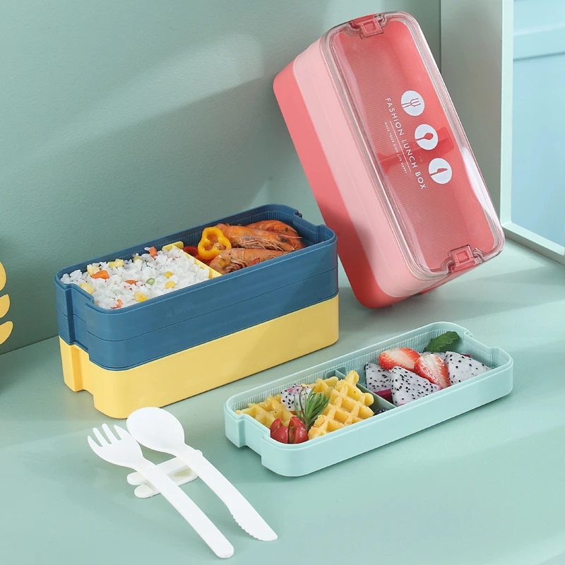 

3 Layers Grids Lunch Box Students Container Fresh Bowl Microwave Bento Lunch Boxes Insulation Tableware With Lid Spoon Chopstick