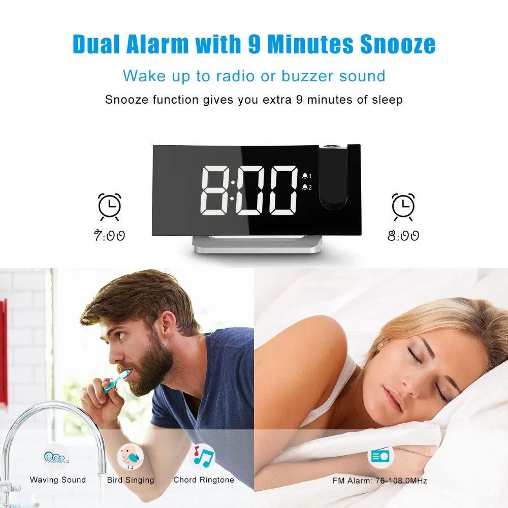 Mpow Projection Clock FM Radio Alarm Clock 5 inch Curved-Screen Digital Dual Alarm with  Dimmer & USB Charging Port Sleep Timer (4)