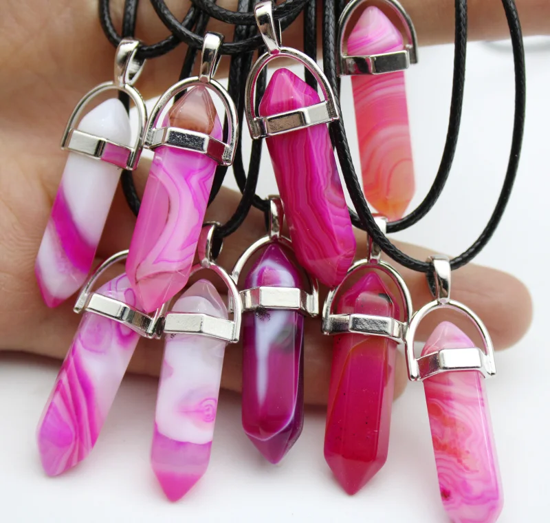 1PCS Natural Stone Quartz Crystal Opal agates Hexagonal Column Pendulum Pendant Leather Chains Necklace Fashion charms Pendant