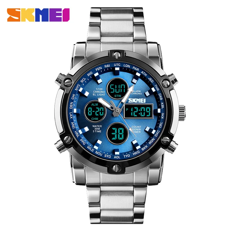 Fashion Men's Wristwatch SKMEI Watch Sport Digital Bracelet 3 Time Countdown Mens Clock Stainless Steel Watches  Male Business 