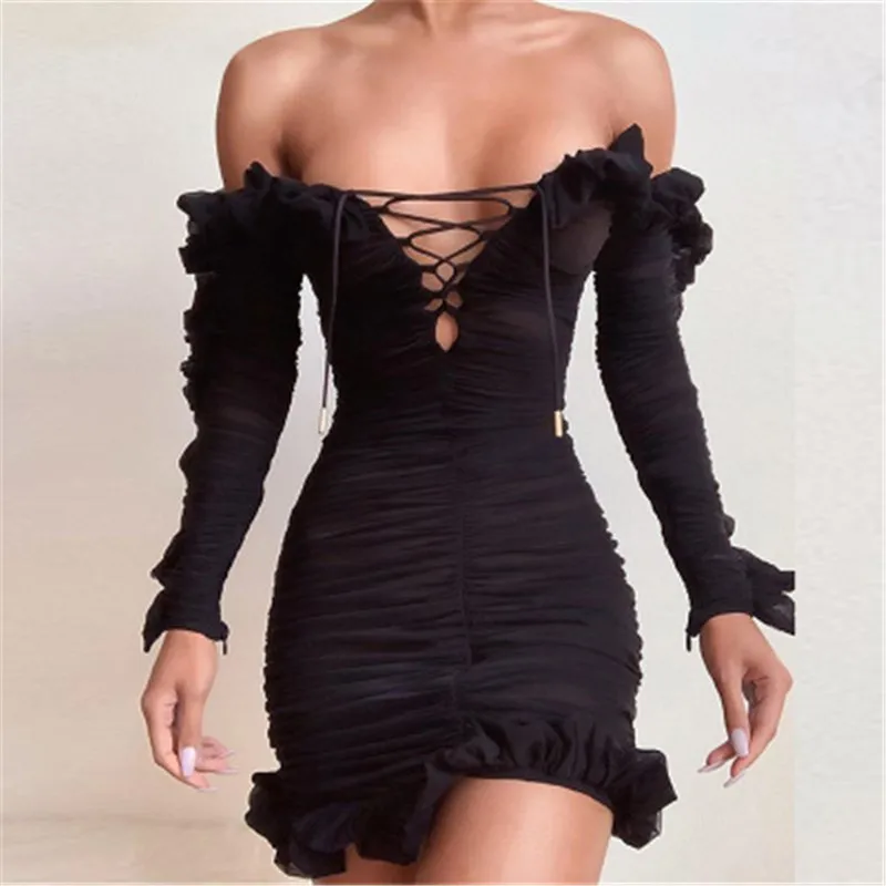 

2020 Mesh Ruffled Long Sleeve Deep V Hollow Lace Sexy Mini Dress Spring Women 's Solid Party Elegant Street Wear Outfi