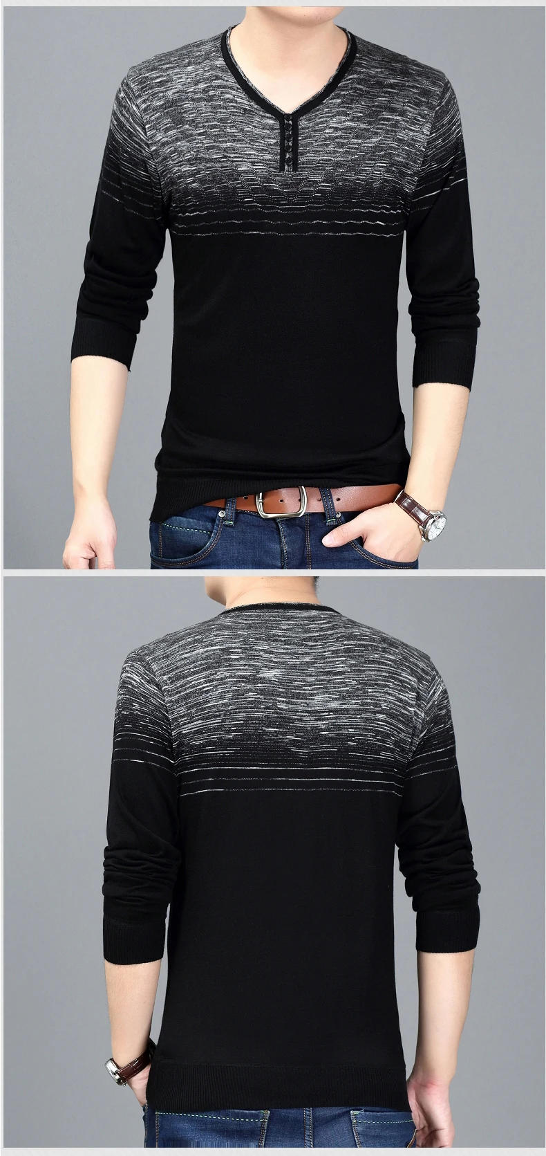 GAAJ Brand designer pullover striped men sweater v neck knitted sweaters mens slim fit fashion clothing wine grey man sweter