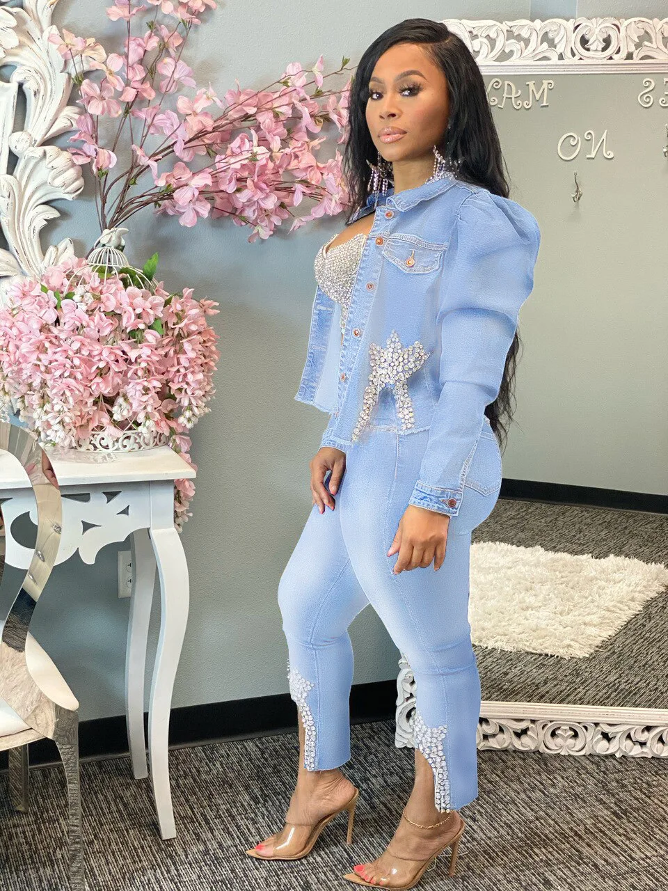 co ord sets Casual Jeans Suit Women Denim Two Pieces Set Blue Long Sleeve Jeans Top&Long Pants Slim Tracksuit Outfits 2021 Spring Autumn OL two piece skirt set