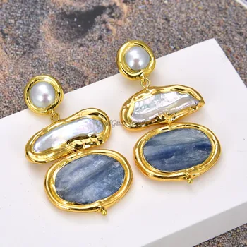 

GG Jewelry Natural Blue Nugget Kyanite White BIwa Pearl Natural White Pearl Gold Plated Drop Stud Earrings