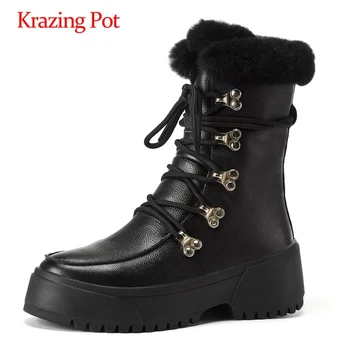 

Krazing pot snow boots natural leather flats platform european style round toe thick high heel lace up keep warm ankle boots L32