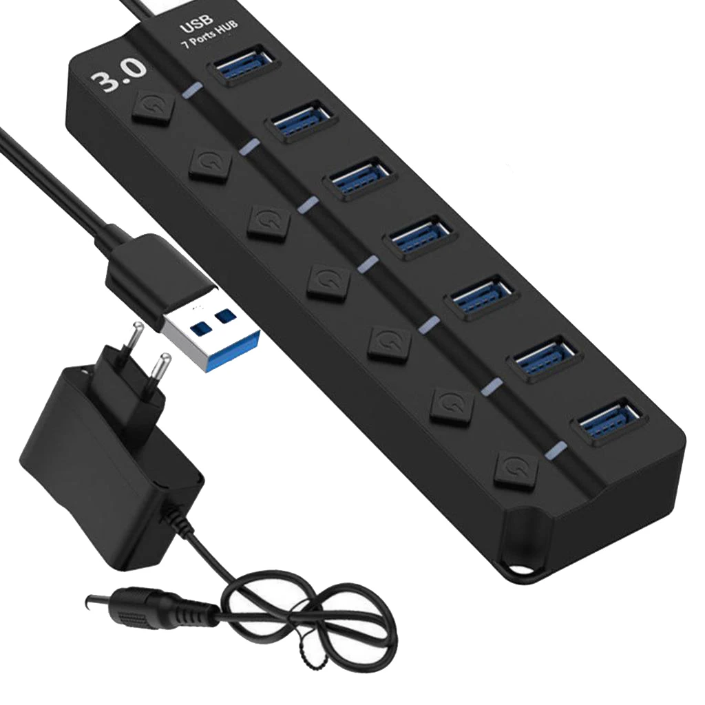 7 портов USB 3,0 концентратор 5 Гбит/с высокоскоростной вкл/выкл переключатели адаптер питания переменного тока