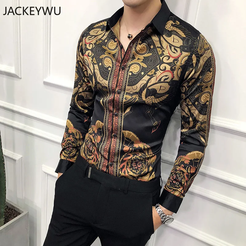 Роскошный золотистый и черный рубашка Для мужчин 2019 Slim Fit с длинными рукавами Camisa