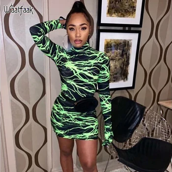 

Waatfaak Sexy Club Long Sleeve Bodycon Dress Stripe Vestidos Turtleneck Black Dress Mini Halloween Gloves Green Dresses 2019