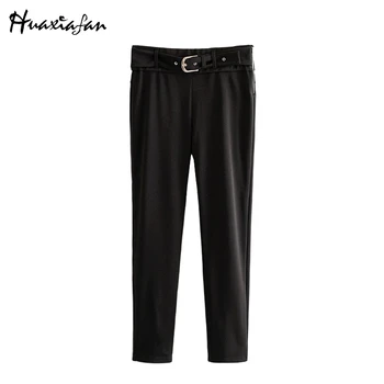 

Huaxiafan 2020 fashion long pants women black bright dense satin with belt side zipper trousers simple elegant comfortable pant