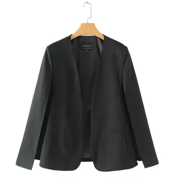 

Women Elegant Black White V neck Coat Pockets Office Wear Solid Outerwear Female Casual Chic Open Stitch Tops Jacket Women