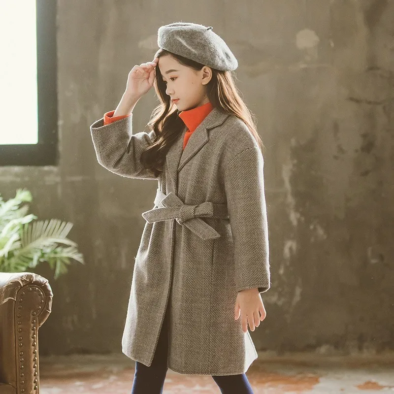 Пальто для девочек, детское шерстяное пальто Верхняя одежда Клетчатая Шерстяная куртка, пальто для девочек, г. Зимний модный плащ для девочек - Цвет: gray2