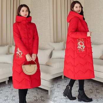 

2019 new national wind winter down jacket women's long section fashion wind button buckle embroidered hooded cotton coat women