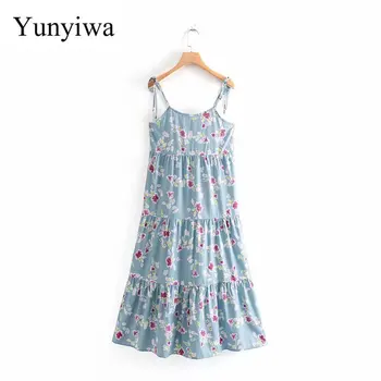 

2020 New Women Strapless Floral Print Spaghetti Strap Dress Ladies Chic Pleats Ruffles Midi Vestidos Casual Party Dresses