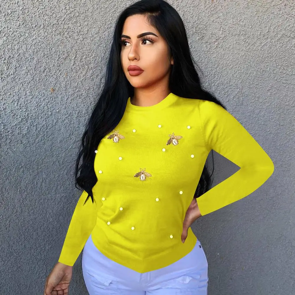 long sleeve Осенние новые женские футболки с бусинами и бабочкой, однотонные Женские топы с длинными рукавами, футболки, большие размеры S-XL XXL - Цвет: long sleeve