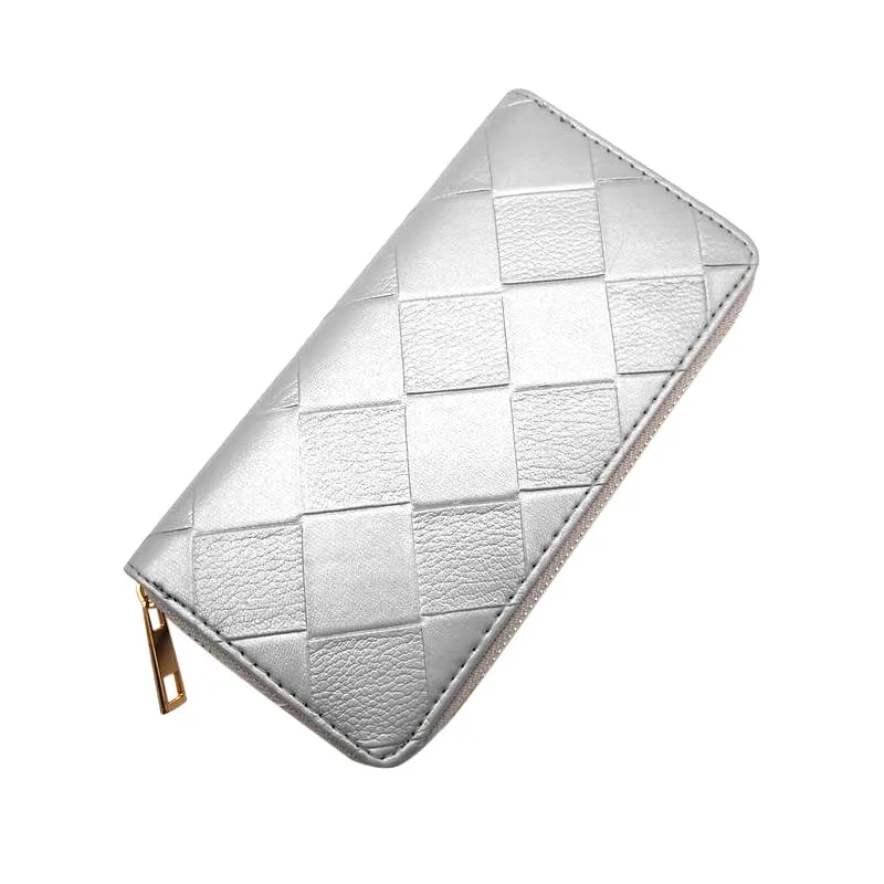 Women Weave Wallets Purses Lattice Plaid PU Leather Long Wallet Phone Bag Money Zipper Coin Pocket Card Holder Female Purse