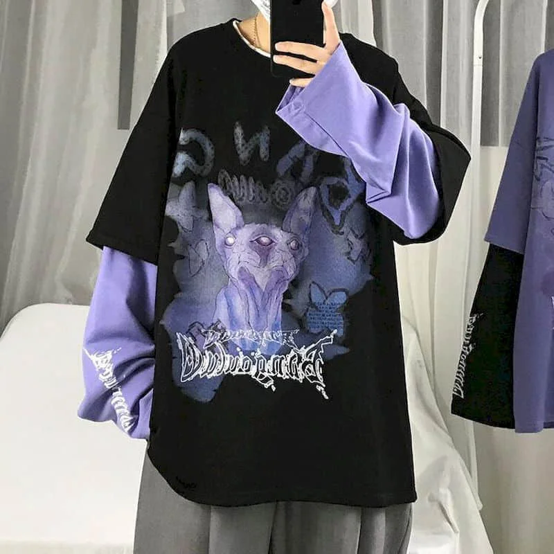 秋のハイストリートディアブロ長袖男性の偽ツーピースtシャツ男性学生韓国ルース服男性の服 Tシャツ Aliexpress