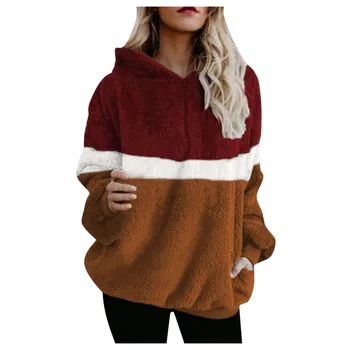 

Autumn Winter Women Warm Hoodies Three-Color Panel Hooded with Pockets Pullover Sweatershirt Plus size