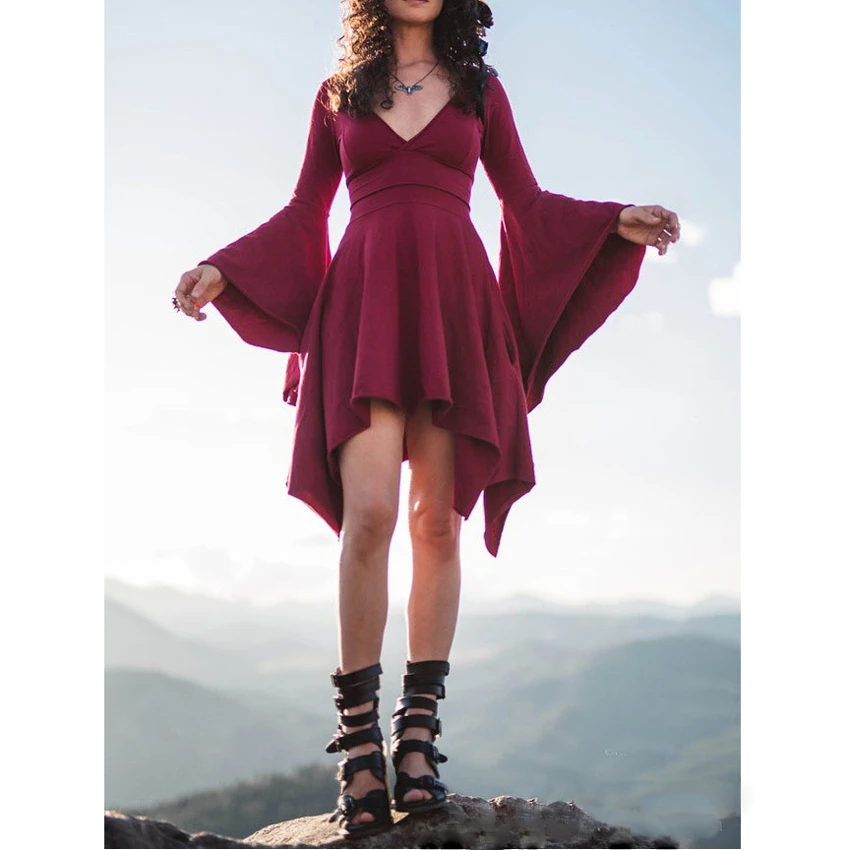 Women-Vintage-Dress-Sexy-Casual-Irregular-Latern-Sleeve-Robe-V-neck-Medieval-Clothes-Loose-Vestidos-Funny (1)