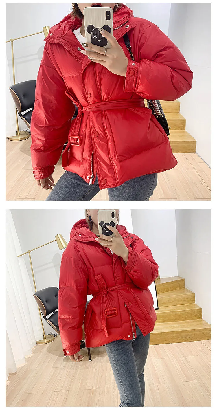 fahion Down Women Parka Winter hooded with belt Thick Warm light down jacket Female overcoat Parkas Casual Solid Coats Y70