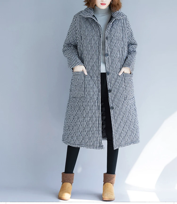 EORUTCIZ Winter Thick Women Parka Long Jacket Warm Plaid Oversize Coat Vintage Harajuku Autumn Outerwear LM565
