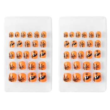 

44Pcs Halloween Spiderweb Artificial Orange False Nails Fake Nails