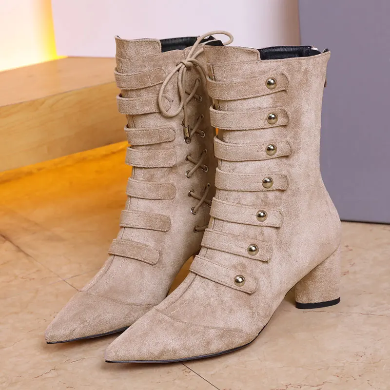 Botas mujer invierno/Новинка года; зимние сапоги средней высоты; обувь с острым носком и заклепками; женская пикантная Обувь На Шнуровке; chaussures femme; обувь на высоком каблуке - Цвет: as pic