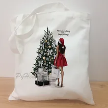 Merry Christms дизайнерская напечатанная Холщовая Сумка на плечо Женская Harajuku Рождественская елка большая емкость лучшие друзья сумка для покупок
