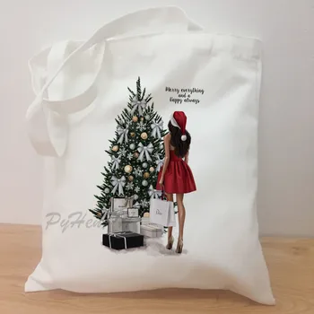

Merry Christms Design Printed Canvas Shoulder Bag Female Harajuku Christmas Tree large-capacity Best Friends Shopping Bag