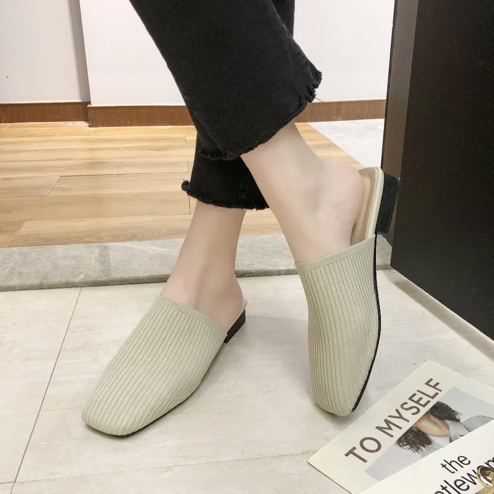 Women Mules Slippers Women Summer Flats Sandals Knit Fabric Stretch Slides Holiday Beach Shoes Square Heel Square Toe Flats