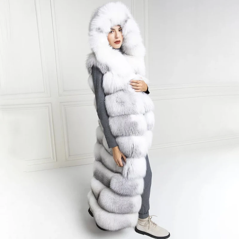 Tatiana куртка из натурального Лисьего меха женская зимняя теплая куртка без рукавов с капюшоном Высококачественная тонкая длинная жилетка под заказ для женщин