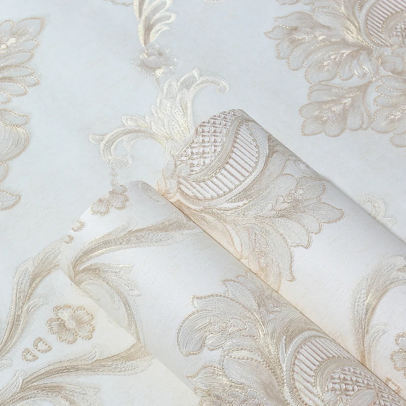 Embossed Texture Golden Beige Damask Wallpaper