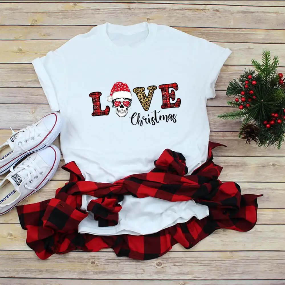 

Love Mom Skull Christmas 100%Cotton Colored Printed Women's T Shirt Winter Funny Casual O-Neck Short Sleeve Top New Year Gift