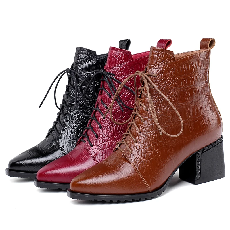 

Plus size 42 women's genuine leather thick high heel lace-up ankle boots pointed toe autumn short booties high quality shoes hot