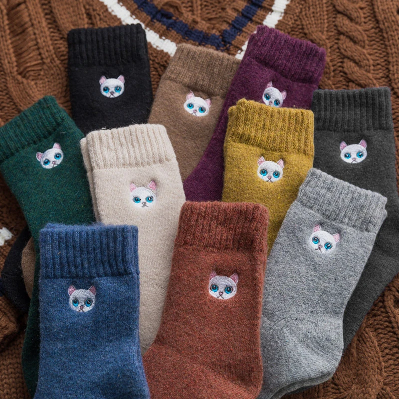 Теплые зимние милые забавные Женские носочки с вышитым котом; хлопковые теплые носки; Calcetines Mujer Sokken Skarpetki