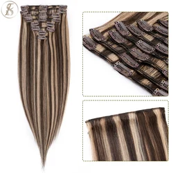 TESS 130g Clip In Human Hair Extensions Straight Human Hair 8pcs/set Full Head Double Drawn Thick Natural Hair 16Inch Hair Clips