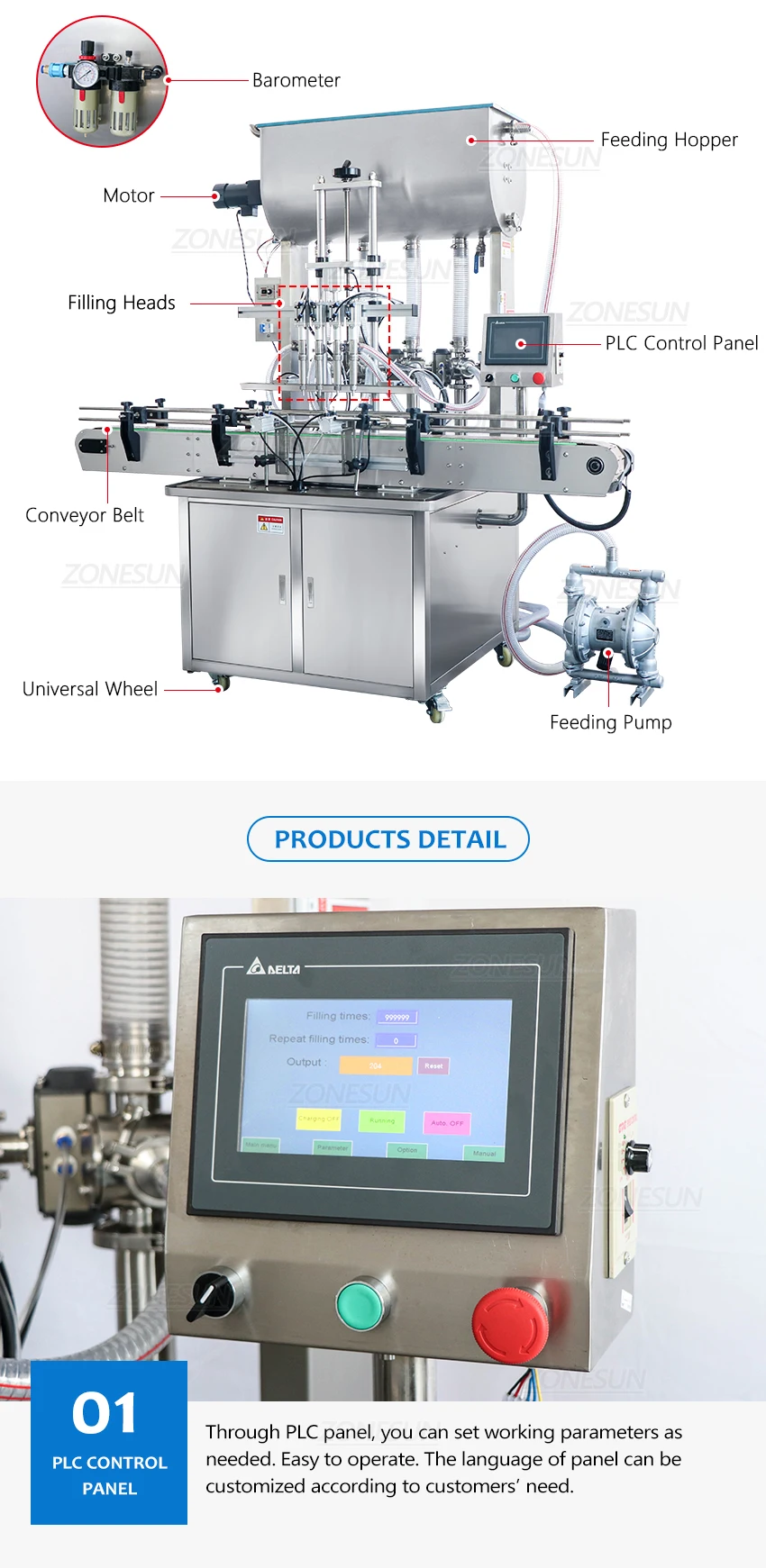 ZONESUN ZS-YT4T-4PM Automatic Chocolate Honey Chili Paste Liquid Mixing Heating Filling Machine 300℃ High Temperature Resistance