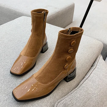 

MoonMeek 2020 New arrive top quality patent leather women boots low heel square toe zipper winter ankle boots black brown